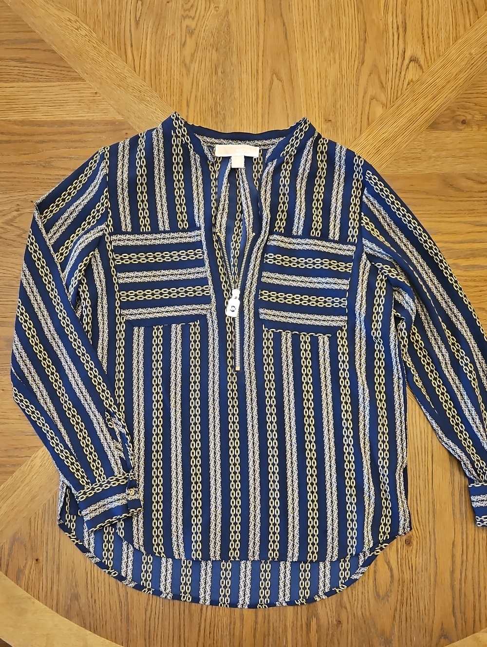 Michael Kors Blue Striped Zip-Neck Blouse